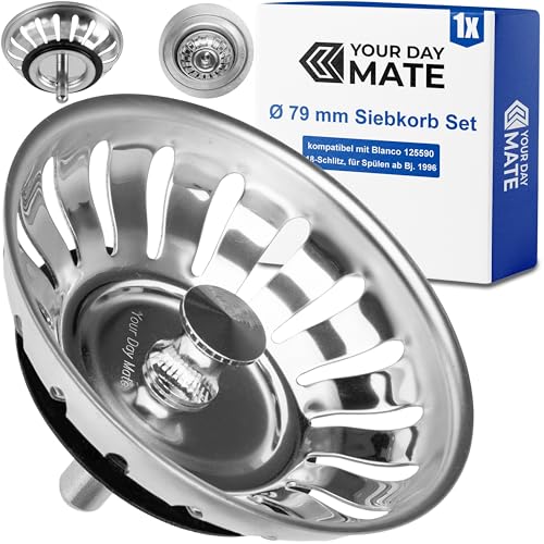 Kitchen sink strainer basket, Ø 79 mm, replacement for 125590, compatible with Blanco 3.5" drain sets from 1996 onwards, 18 slots strainer basket, 20 mm spigot with ball, Ø 7.8 mm pin