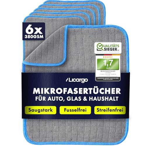 LICARGO Mikrofasertücher Auto 6er Set - fusselfrei und saugstark für Autopflege innen & außen - lackschonend mit 380 GSM - 40×40 cm zum Polieren, Reinigen & Trocknen von Lack, Glas und Innenraum