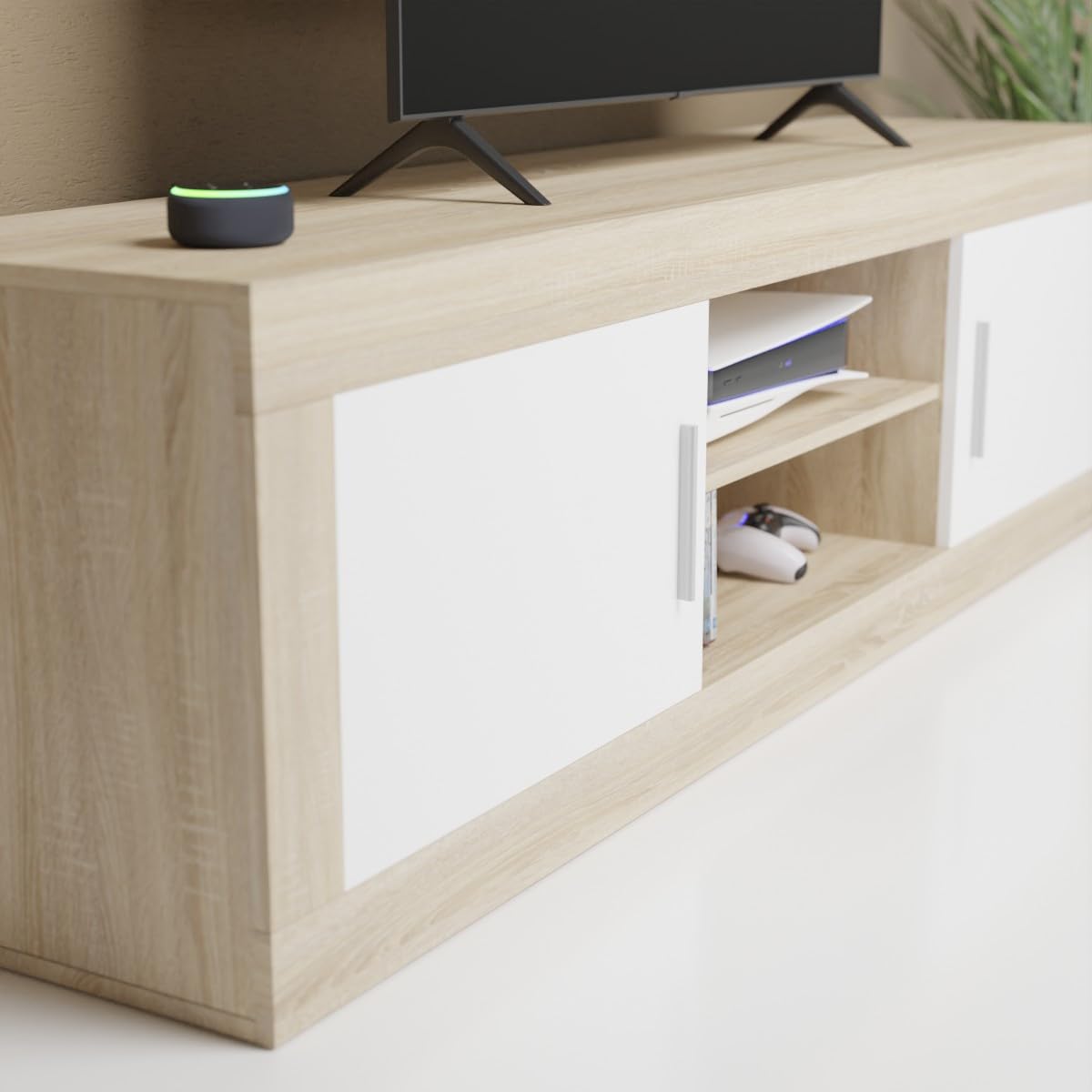 amuéblate online - Mueble de TV Moderno Modelo Indiana, 2 Compartimentos de Almacenamiento y 2 Puertas, Color Cambria - Blanco, Medidas: 50cm (Alto) x 180cm (Ancho) x 41,4cm (Fondo)