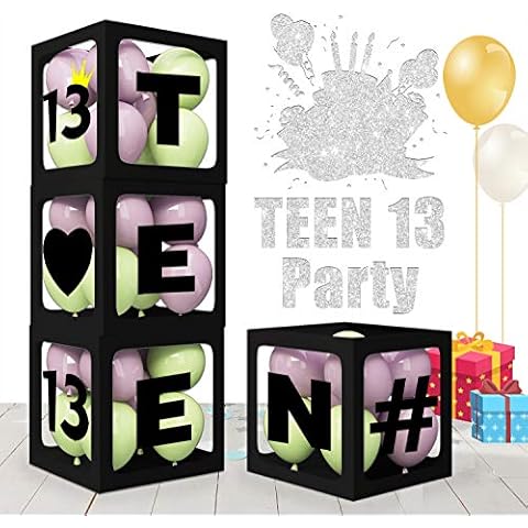 Official Teenager Balloons Boxes Party Decorations - Set of 4 Pcs Boxes 13th Birthday Theme Thirteen Years Old Party Supplies Cover