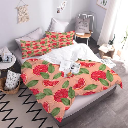 Housse de couette 220x240 pamplemousse rouge avec 2 taies d'oreiller microfibre