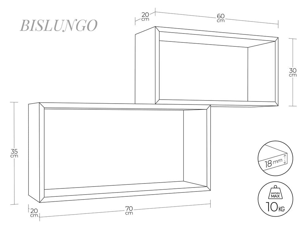 MODULARREDO | BIS RETTANGOLO BISLUNGO Set di 2 Mensole da Muro, Pensile Bagno, Mensola da Parete, Scaffale da Parete, Blu Baltico, 70x35 p20 cm e 60x30 p20 cm - Made in Italy