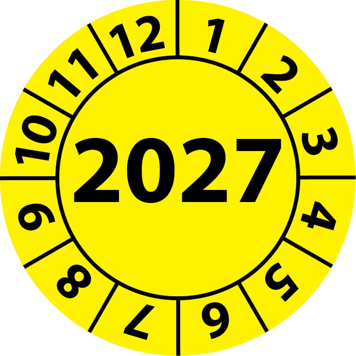 Plaque de test annuel 2027, film vinyle, autocollant, pour l'année 2027, en différentes couleurs et tailles (30 mm de diamètre, jaune, 100)