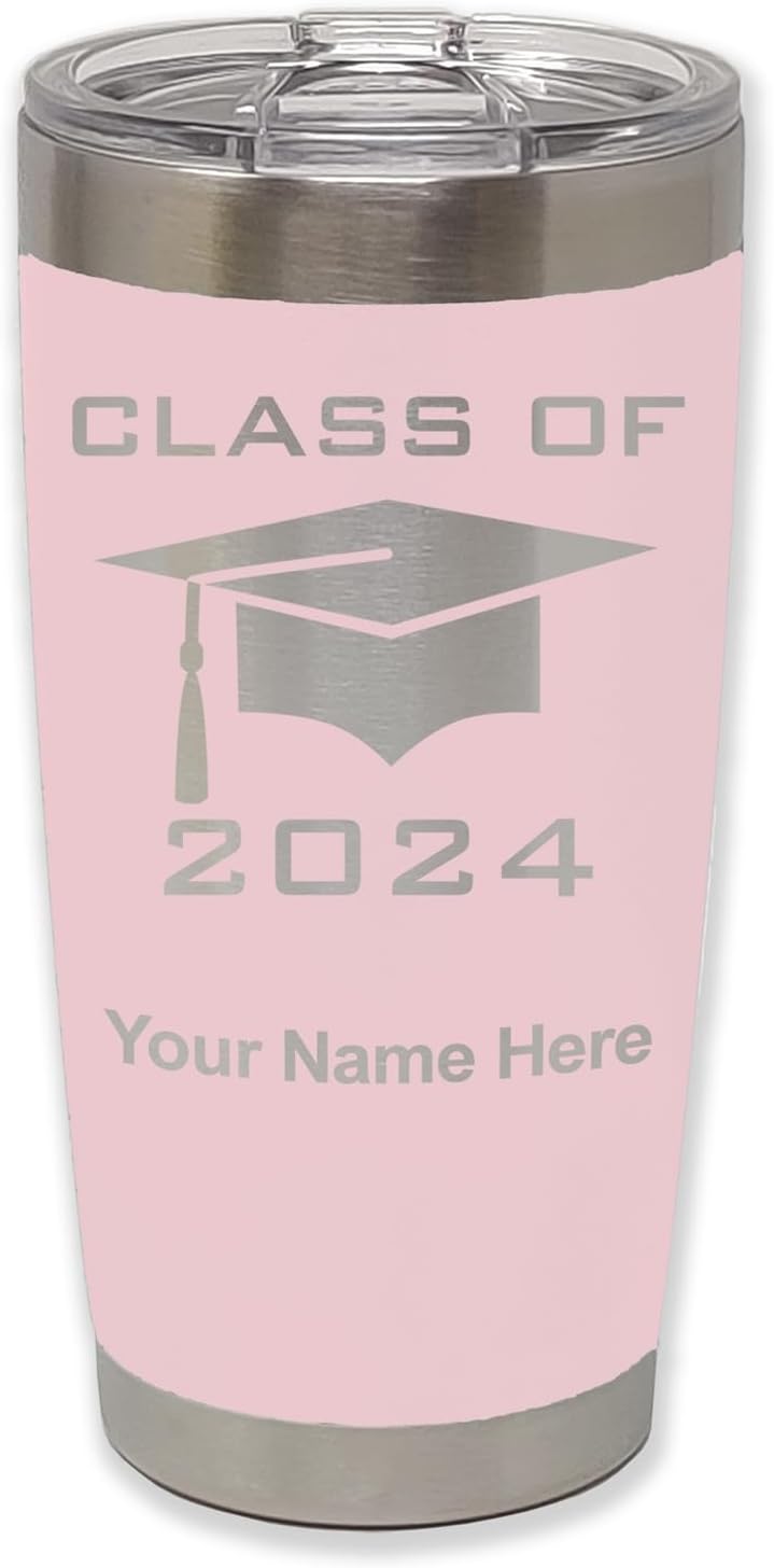 LaserGram 20oz Vacuum Insulated Tumbler Mug, Grad Cap Class of 2024, 2025, 2026, 2027, 2028, Personalized Engraving Included (Pink)