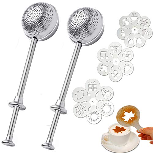2 Pcs Powdered Sugar Shaker Duster Stainless Steel Sifter Dusting Wand with 19Pcs Coffee Stencils Flour Sifter for Baking Powder Duster Cinnamon Wand for Meringue Powder Sugar Flour Spicesour