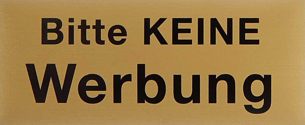 Metafranc Klebeschild "Bitte keine Werbung" - 60 x 25 mm - aus Aluminium - in klassischer Messing-Optik - Selbstklebende Rückseite / Beschilderung / Infoschild / Briefkastenschild / 507510