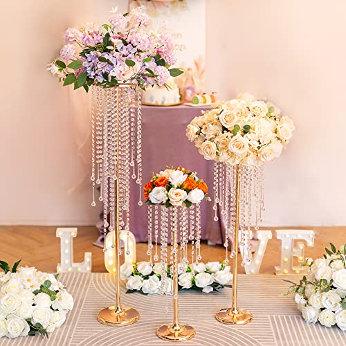 Sziqiqi Flower Centerpieces for Wedding Tables Metal - Tall Vases with Chandelier Crystal Beads for Head Table Gold Flower Stand for Wedding Reception Party Events Road Lead