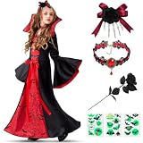 Lubolee Faschingskostüme Kinder Mädchen, Gruseliges Karneval Vampir Kostüm Kinder Mädchen, Vampir Kostüm Kinder Set Mit Kopfschmuck, Halsketten, Schwarze Rosen und Leuchtende Tattoo-Aufkleber