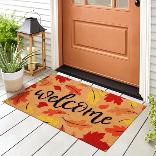 Tinideya Fall Welcome Door Mat Outdoor Autumn Maple Leaves Doormats 17 x 29 Inch Orange Imitation Coir Entryway Rugs Harvest Thanksgiving Mat for Fron