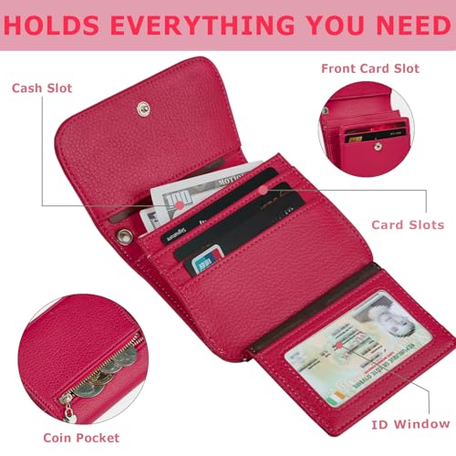 Image of Women Small Wallet RFID Blocking Slim Wallet with Coin Pocket Tri-Fold Credit Card Holder with ID Window and Keychain (Red)