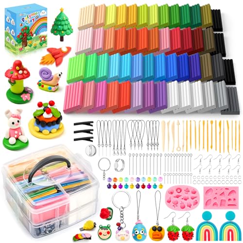 Bridokit 54 Pcs Pate Polymere, Cuisson Argile Polymère, Pâte Polymère pour Enfants avec 19 Outils de Modélisation et 2 Moules en Silicone, Cadeau de Noël...