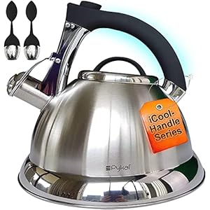 Whistling Tea Kettle with iCool – Handle, Surgical Stainless Steel Teapot for Stovetop, 2 FREE Infusers Included, 3 Quart by Pykal
