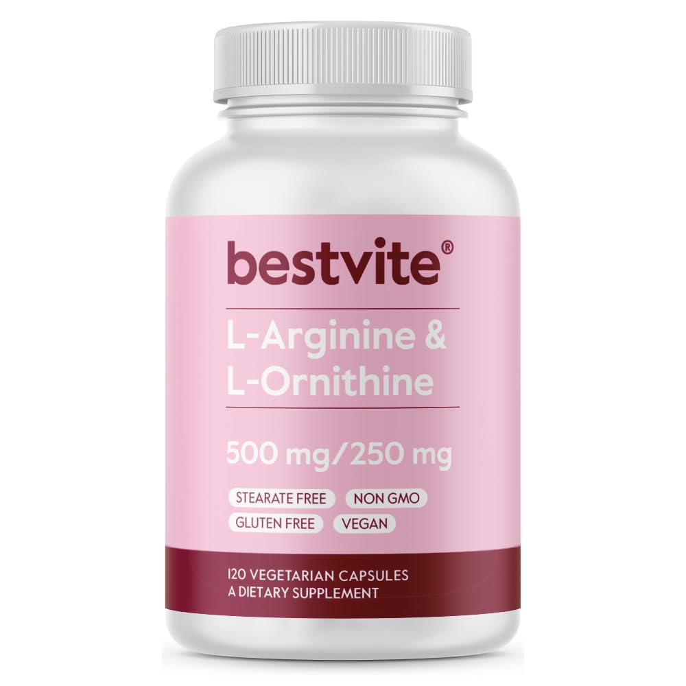 BESTVITE L-Arginine L-Ornithine 500-250 (120 Veg Caps) - No Stearates 1 Count (Pack of 120)