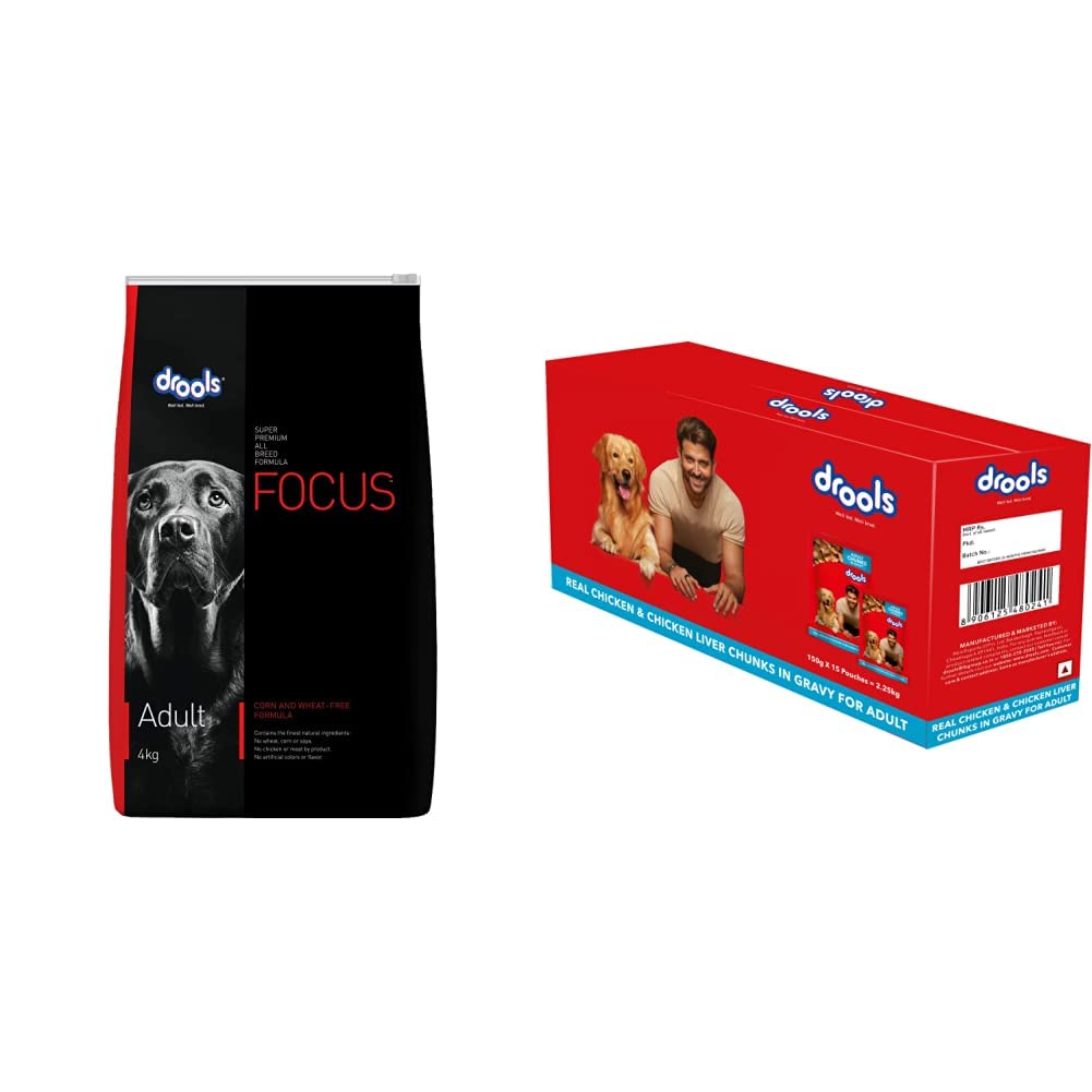 Drools Focus Adult Super Premium Dry Dog Food, Chicken, 4kg&Drools Adult Wet Dog Food, Real Chicken and Chicken Liver Chunks in Gravy, 15 Pouches (15 x 150g) (B0BP4YQ92T) Amazon Price History, Amazon Price Tracker