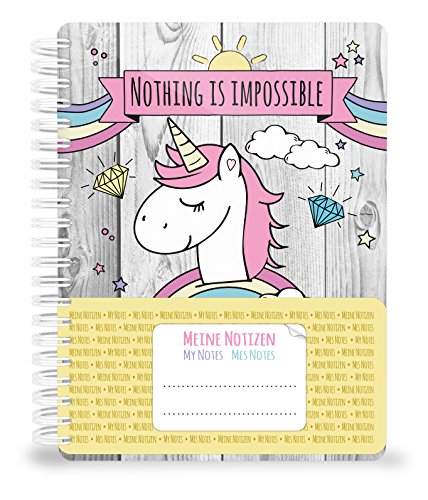 Cuaderno, diario Unicorn DIN A5 con un bonitas, simpáticos Unicornio, Arco Iris y nubes 70 hojas (80 g/m²), líneas  Cuaderno de espiral Handmade by jamonm edia
