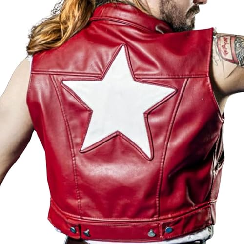 ENSURED FASHION Terry Bogard Red Real Leather Vest White Star Fighting Game Costume for Men & Women (S, Vest)
