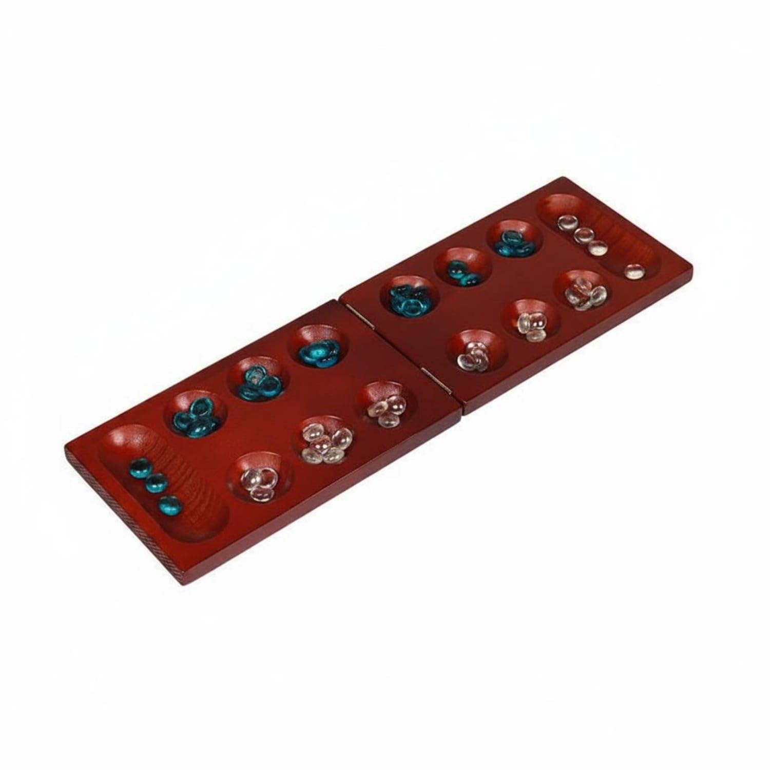Foldable Mancala Board Game Glass Marbles Wood Mancala Set Recessed Pits Folding Game Board Rectangular Case, Chestnut, Standard-image-49