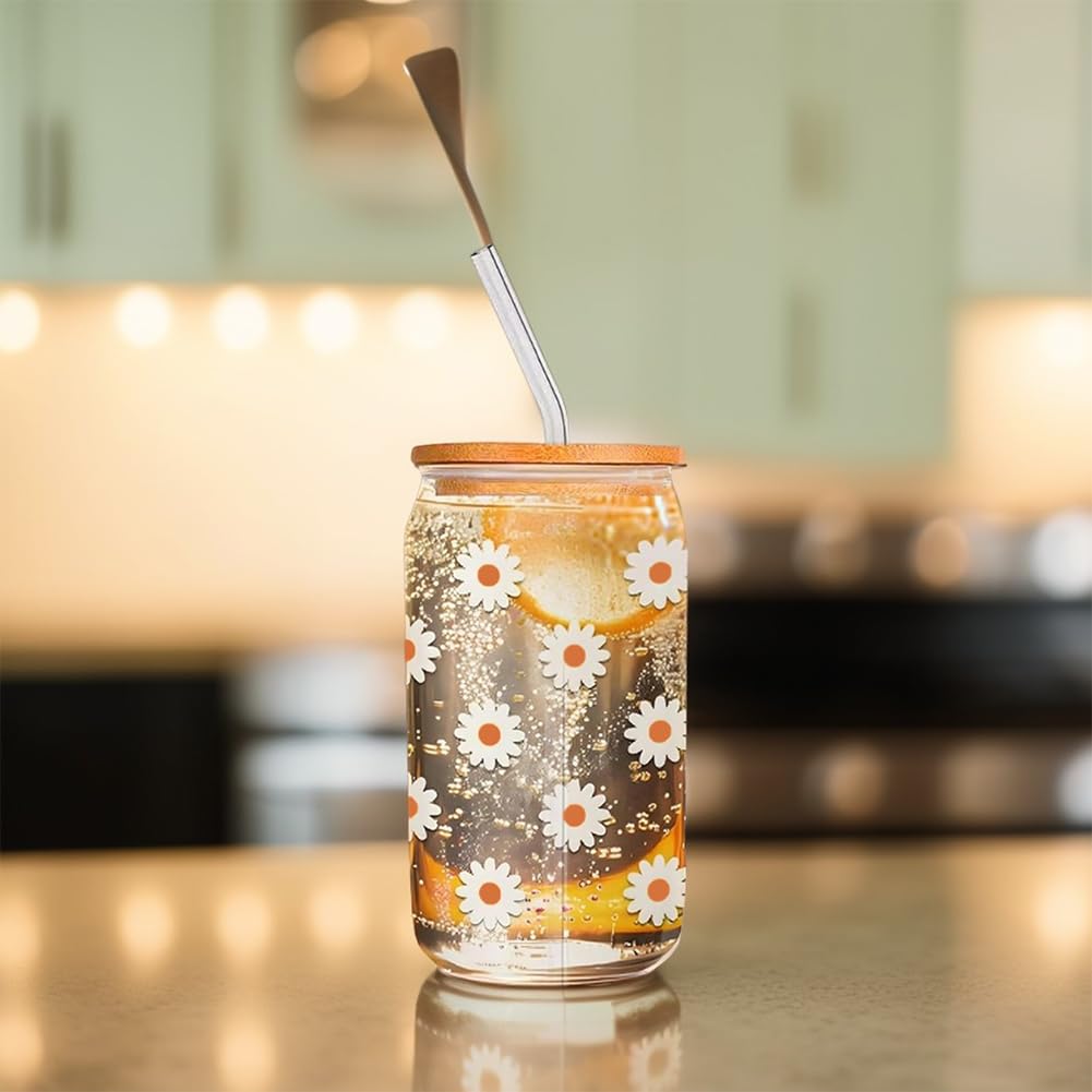 16 Oz Glass Tumbler Trinkgläser Bow Glas Becher mit Deckel und Strohhalm Iced Coffee Glas Bubble Tea Becher Longdrinkgläser mit Bambusdeckeln trinkglas für Kaffee Whisky Cocktails Säfte Tea Soda