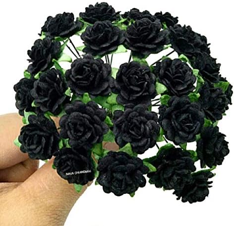 NAVA CHIANGMAI FLOWERS Beautiful Artificial Mulberry Paper Rose Flower (Heart Petals Rose) Wedding Card Embellishment, Scrapbooking Wedding Doll House Supplies Card,DIY Flower (Black)