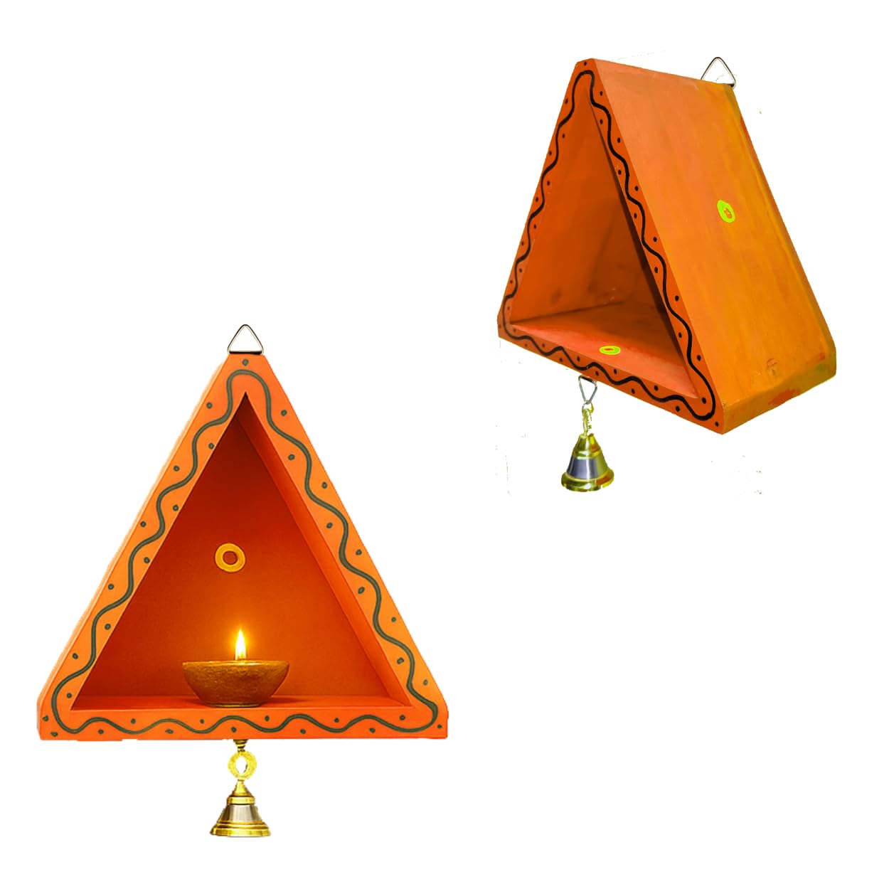 Himavat Wooden Wall Hanging Diya Stand for Pooja | Triangle Vilakku Madam with Brass Bell | Traditional Wall-Mounted Oil Lamp Holder for Temple & Mandir Decoration (Orange – Pack of 2)-image-14
