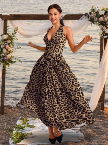 Image of ChiaoLezhee Deep V Neck Dress, Halter Maxi Dresses, Vacation Date Night, Sexy for Women Corset Flowy Wedding Guest Drop Waist