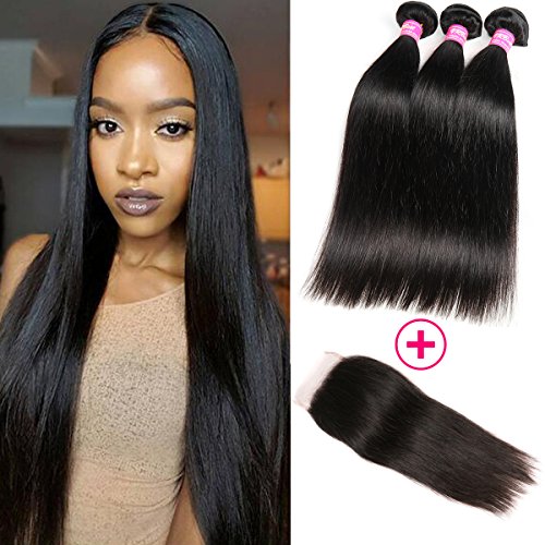 VRBest Hair Brazilian Straight Hair Extensions 3 Bundles with Lace Closure 8A Virgin Human Hair Bundles 100% Unprocessed Hair Weaves Natural Color with 4x4 Free Closure（18 20 22 +16）