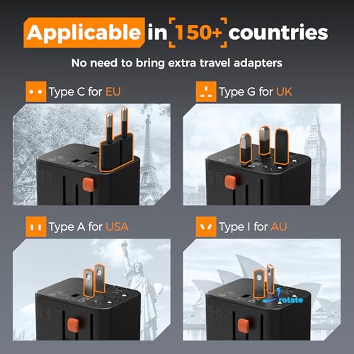 Image of TESSAN Universal Travel Adapter, International Power Adapter | 4 USB Ports (2 USB C), US to Europe UK France Germany Spain Ireland Australia Japan, Type C G A I