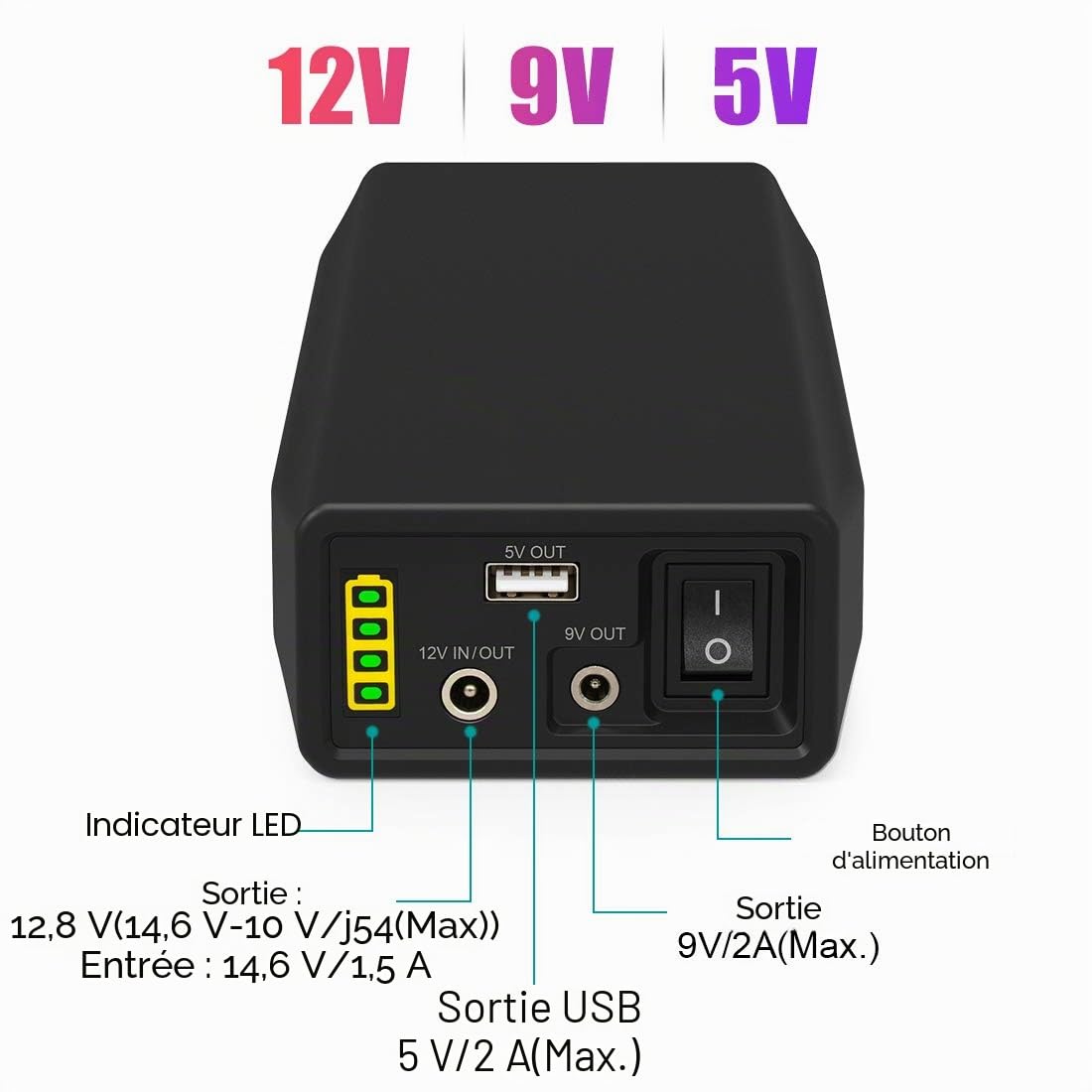 TalentCell Banque d'alimentation, Batterie LiFePO4, Batterie lithium-fer-phosphate 12/9/5V, rechargeable, 12,8V 6000mAh 76,8 Wh, avec chargeur, pour bandes LED, caméras de vidéosurveillance, etc. Noir