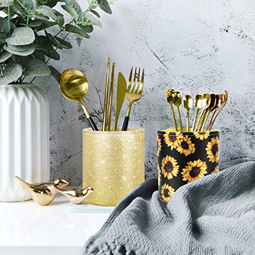 Image of Gold Pencil Holder, Decorative Pens Holder for Desk, Makeup Brushes Organizer for Table, Large Pu Leather Multi-Functional Organizer Cup for Office, Classroom, Home, Champagne Gold
