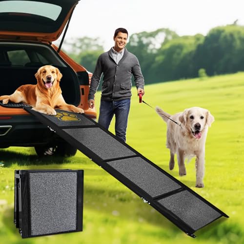 Rampa per Cani Auto Pieghevole 170 x 50 cm Grigio, con Superficie in Moquette Antiscivolo, Fino a 70 kg, Leggera in Alluminio per Animali Domestici, per Auto, Camion, SUV e Scale Esterne