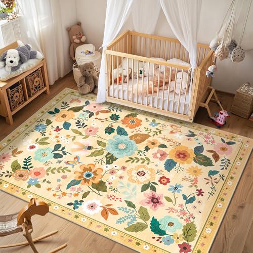 Floral 5x7 Area Rug Machine Washable Soft Print Boho Carpet Non Slip Doormat Low Pile Flower Area Rugs for Living Room Bedroom Nursery Kitchen Dining Room Indoor-Ivory/Yellow