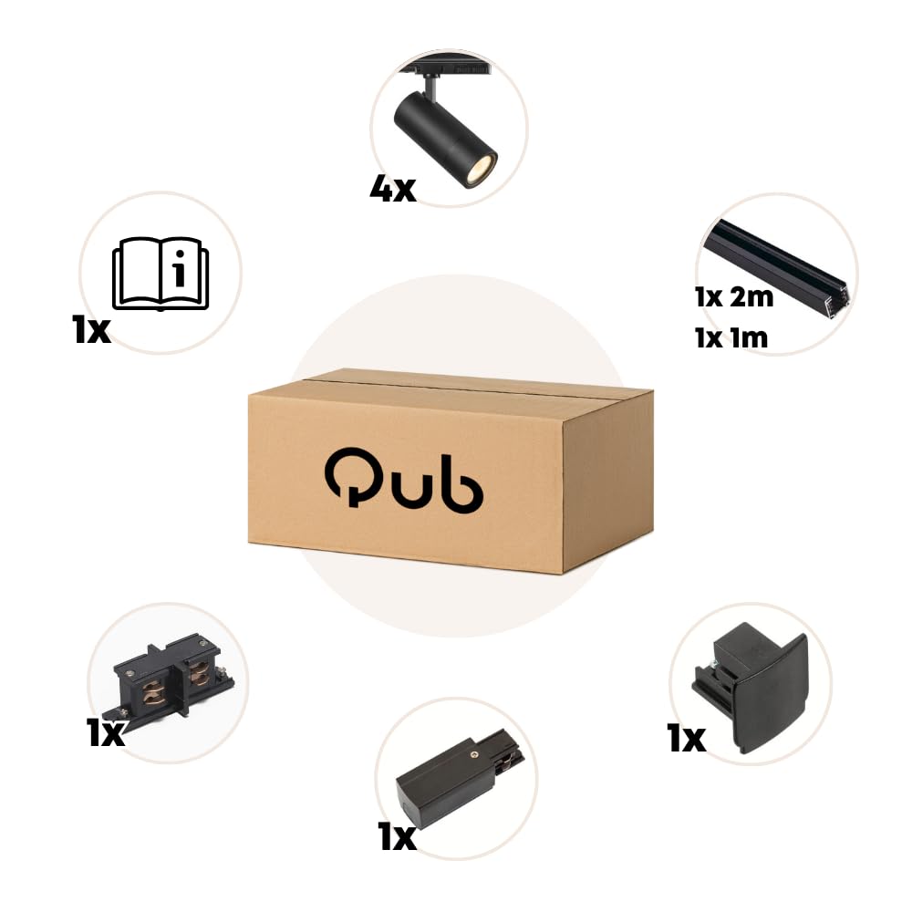 Qub - Kit d'éclairage de rail Zoom LED - Noir, 3 mètres, 4 spots, 3 phases - Luminosité réglable 20/25/30W et couleurs de lumière de la lumière chaude à la lumière du jour (2700K, 3000K et 4000K)