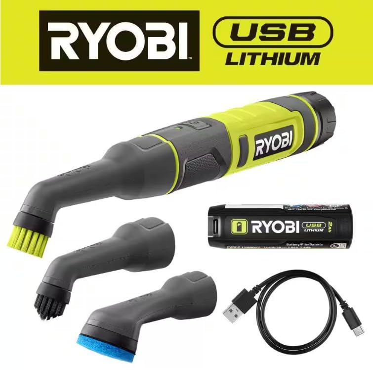 RYOBI USB Lithium Cordless Compact Detail Scrubber Kit w/ 2Ah Battery, Charging Cable & (3) Head Attachments-Med, Hard & Scour