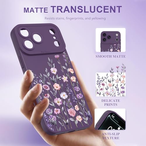 Image of Designed for iPhone 17 Pro Max Case Flower for Women, Dark Purple | Cute Floral Pattern Liquid Silicone Phone Case [Full Camera Protection] Slim Soft TPU Protective Cover