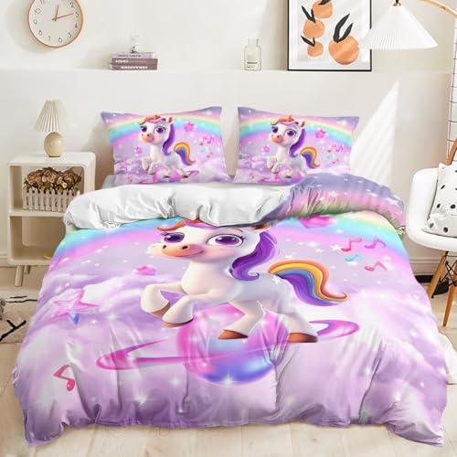 Piumone Matrimoniale Invernale Unicorno Stella Viola Copripiumino una Piazza e Mezza Microfibra Copriletto Antisbiadimento,1 Copri Piumino una Piazza e Mezza + 2 Federe Cuscini 50x75cm