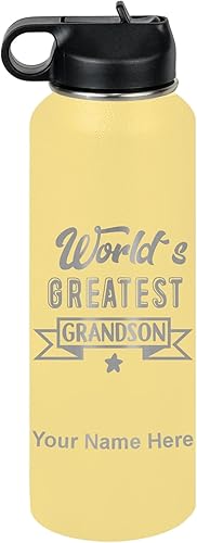 Miniatura 64 de LaserGram Personalized Water Bottle, World's Greatest Grandson, Stainless Steel Double Wall Vacuum Insulated with Flip Top Straw, Custom Engraved