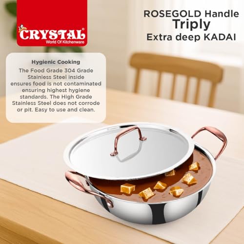 Image of Crystal TriPro -Triply Stainless Steel Extra Deep Kadai with Lid - 28 cm (Induction Bottom), with Rose Gold Handle (CTP-EDK-004A)