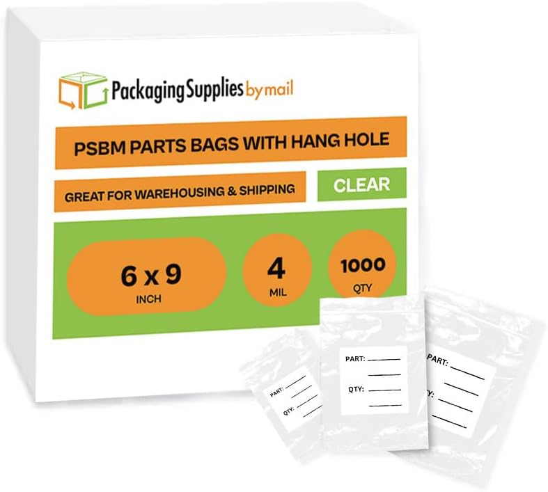 PSBM Clear Reclosable Printed White Block, Hang Hole Poly Bags, 6 Inch x 9 Inch, 4 Mil Thick, 1000 Pack