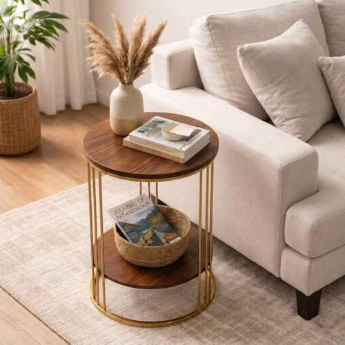 Image of Coffee Table /End Table /Center Table /Sofa Side Table /BedsideTable /nightstand for Living Room Bedroom Balcony Table with Marble Design Wooden Top Gold Brown