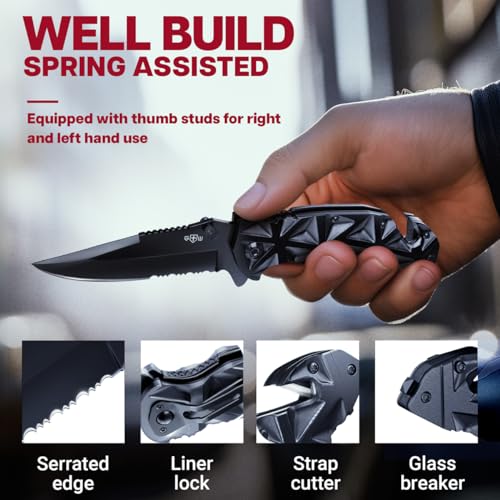 pocket knife for men - 3in1 multi tool knife - wire cutter glass breaker serrated sharp 3534 blade - tactical spring assisted folding knives for hunting camping - best gift idea for men women hb 207
