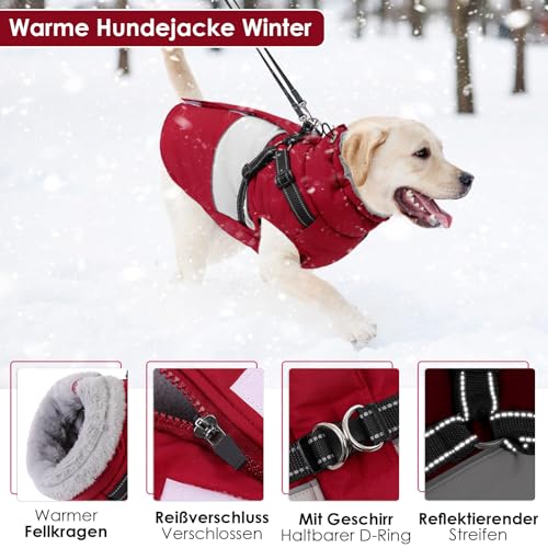 AOFITEE Hundemantel Grosse Hunde, Winter Wasserdicht Hundejacke Hundemantel mit Geschirr, Warmer Wintermantel Hundejacke Fleece Weste Winddicht Hunde Mantel für Deutsche Schäferhunde, Rot 3XL