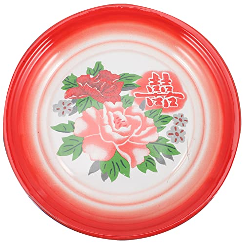Housoutil Red Plates Round Tray Metal Tray Enamel Plates Chinese Style Enamelware Metal Classic Round Salad Plate for Camping RV Farmhouse Home Restaurant Use Red Plates Metal Tray
