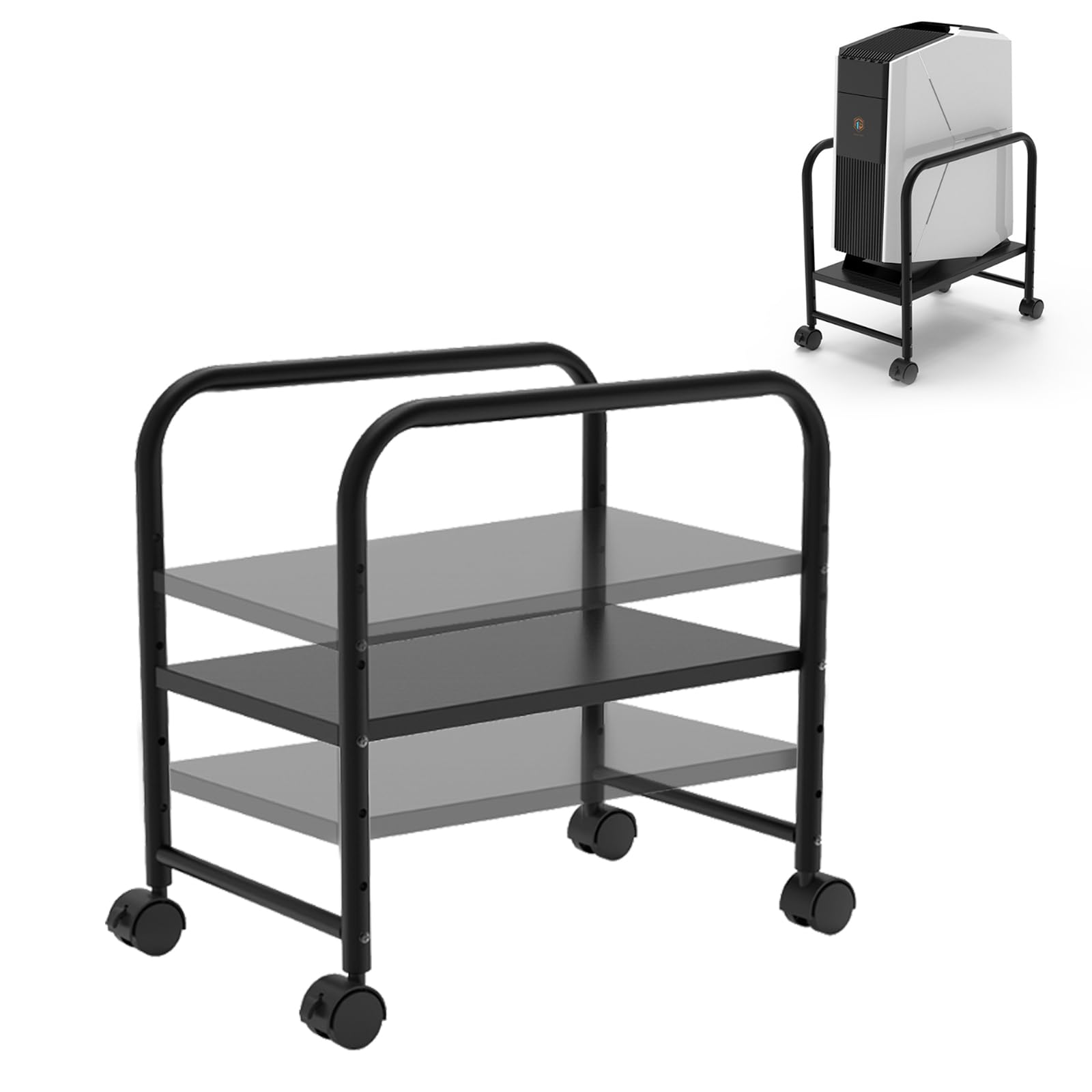 Verstellbarer PC Ständer mit Rollen, Höhenverstellbarer PC Tower Ständer für unter den Schreibtisch, PC Rollwagen mit 360° Lenkrollen, Passend für die meisten Mid-Tower, Max. Belastung 28 kg