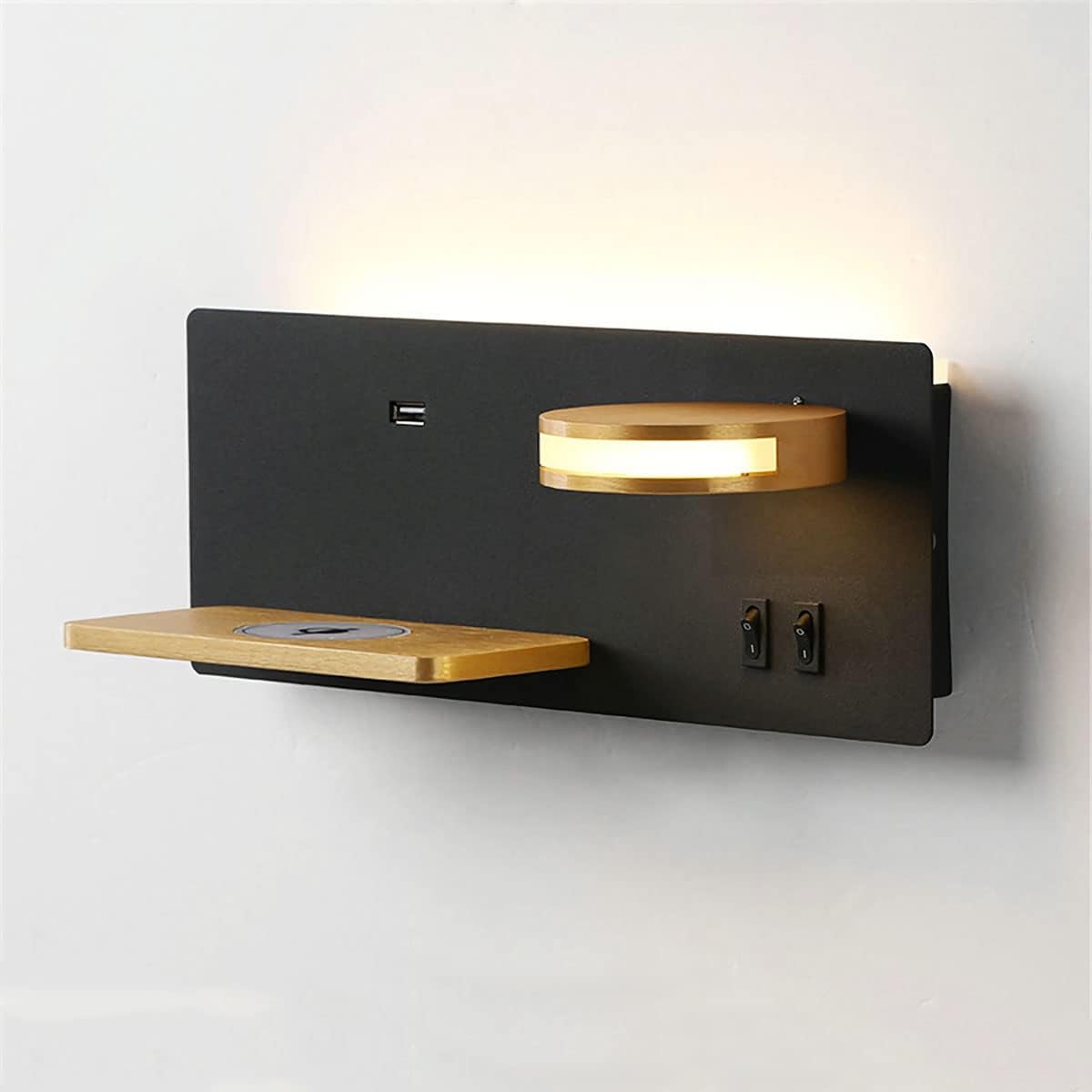 DRRHY Wooden Bedside Lamp 2 Switches, USB Port and Wireless Charger Included, Indoor Wall Warm White 3000K with 5W Adjustable Reading Light