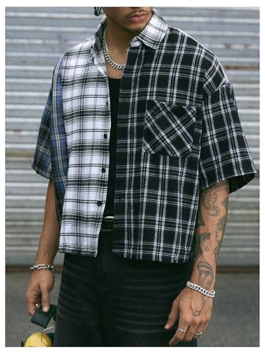 Men's Plaid Oversized Tshirts Color Block Half Sleeve Button Down Tee Shirt Streetwear4
