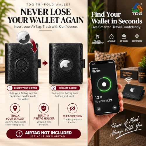Image of TDG AirTag Pop-Up Leather Wallet for Men (Airtag Not Included) | RFID Smart Trifold 16+ Cards | Top Grain | Gift Ready | Handmade in India (Black)