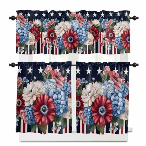 Spring Flowers Kitchen Curtains 36 Inch Length, 3 Piece Rod Pocket Small Half Tiers and Valance Set, White Star Black Red Striped Art Small Large Window Treatment Decor for Bedroom/Bathroom Sink