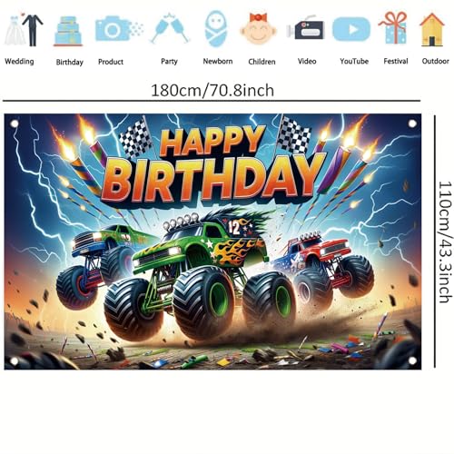 Image of Monster Truck Birthday Backdrop, 70.8x43.3 inches, Polyester, Multicolored, Birthday, Includes Truck-themed Backdrop with Four Grommets