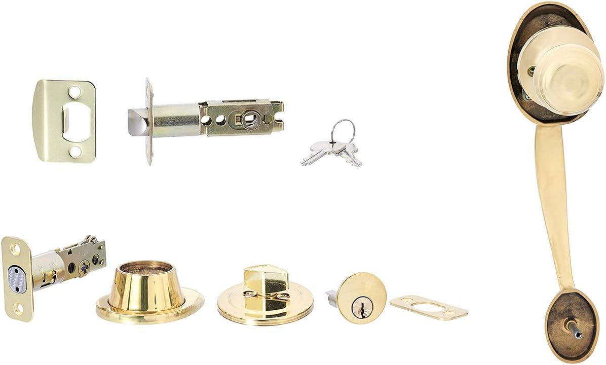 Amazon Basics Classic Exterior Handle Set with Door Knob and Deadbolt, Polished Brass