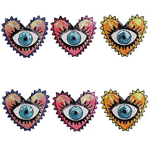 MIAO JIN 6 Pcs 13'' x 11.8‘’ Love Shape Large Sequin Heart Evil Eyes Motif Applique Patch Embroidery for Garment Accessory Big Size (3 Colors)